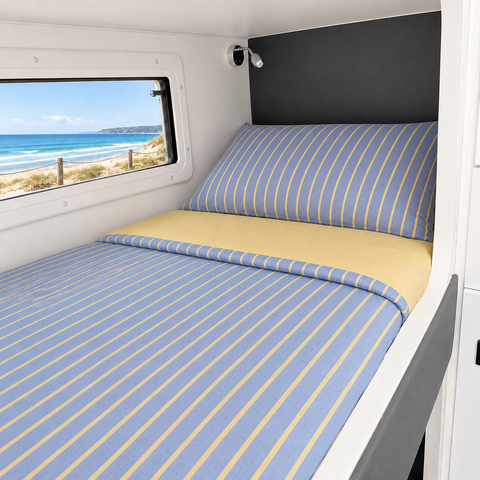 Summer Rewind bunk bedding blue and yellow stripe colourway