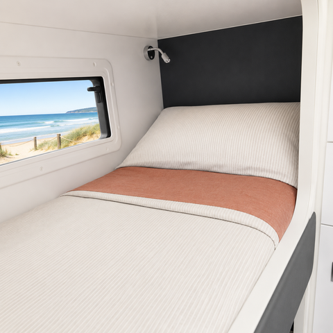Summer Rewind bunk bedding oatmeal stripe and rust colourway