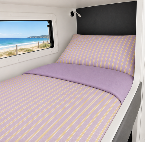 Summer Rewind bunk bedding purple and yellow stripe colourway