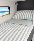 Summer Rewind bunk bedding sage and white stripe colourway