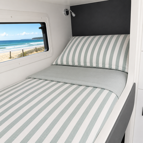 Summer Rewind bunk bedding sage and white stripe colourway